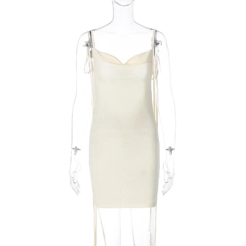 Cowl Neck Velvet Ribbon Tie Shoulder Bodycon Mini Dress 4