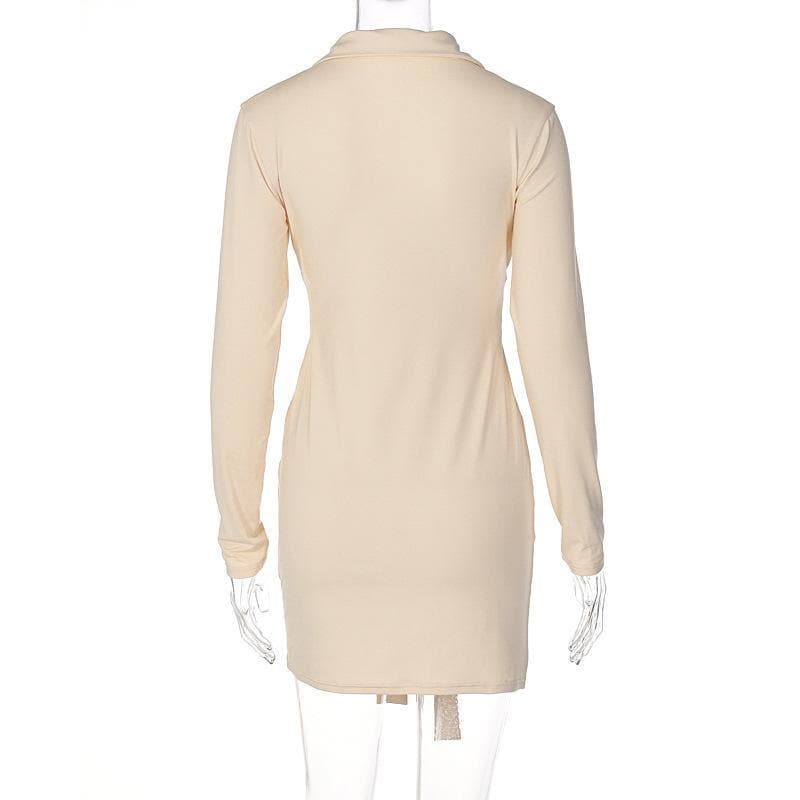 Deep V Neck Collar Tie Waist Long Sleeve Mini Dress 3