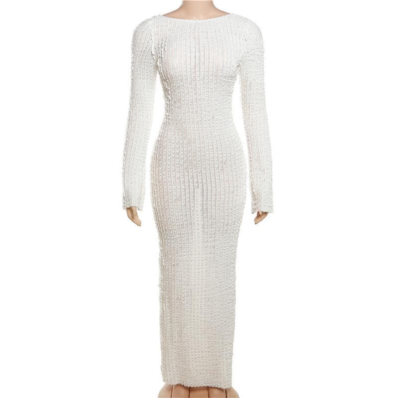 Crew Neck Long Sleeve Popcorn Knit Bodycon Maxi Dress 2