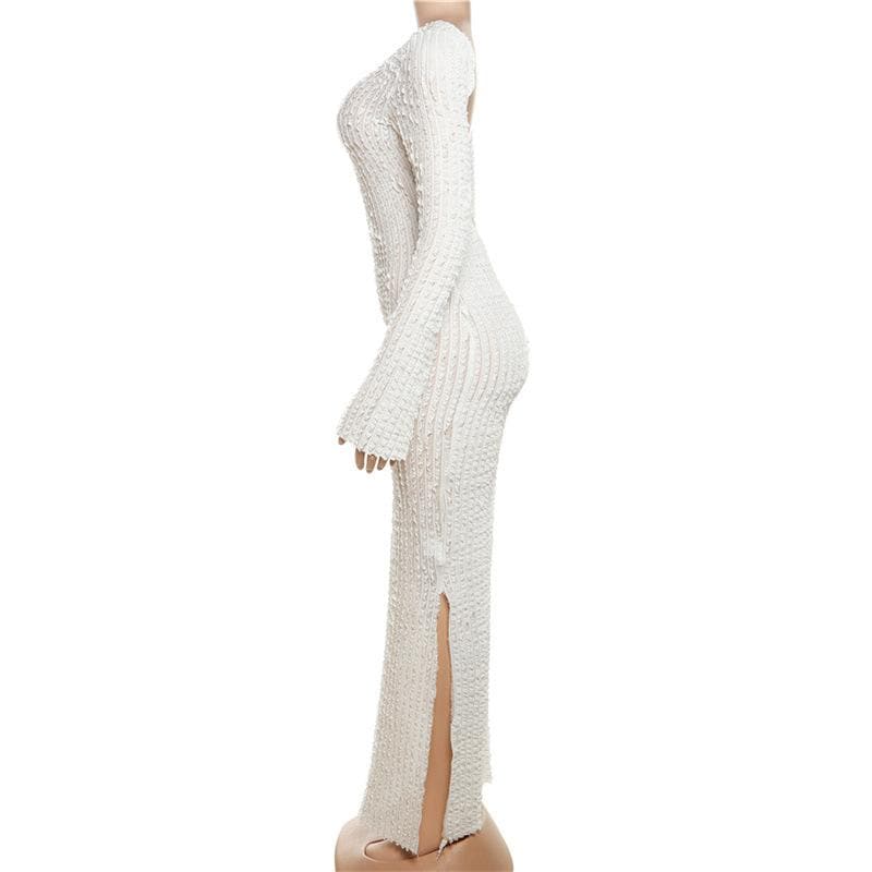 Crew Neck Long Sleeve Popcorn Knit Bodycon Maxi Dress 8