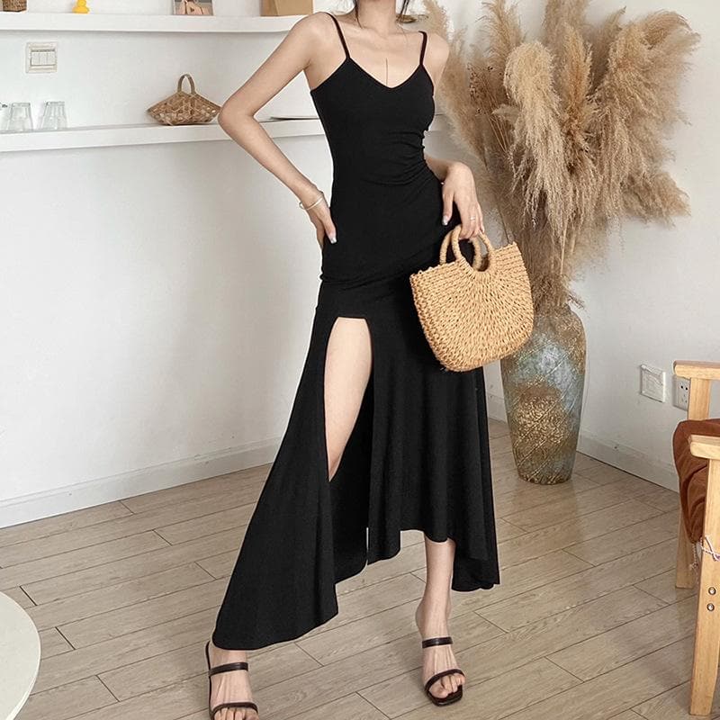 Spaghetti Strap V Neck Ruched Ruffle Hem High Slit Maxi Dress 2