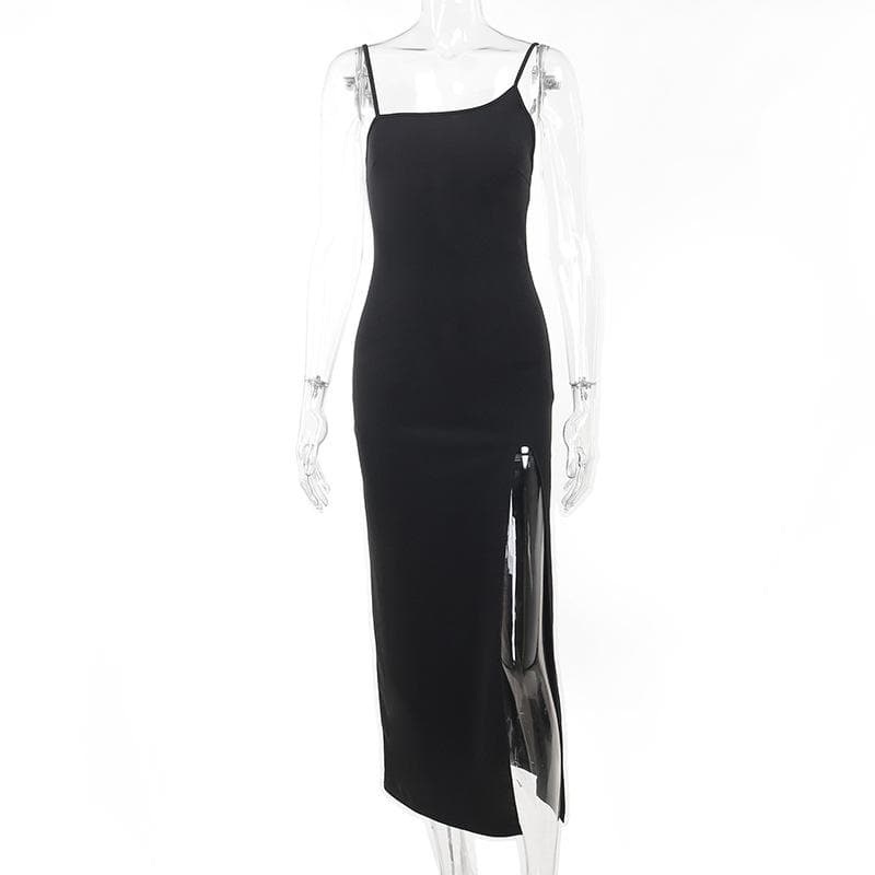 Zip Front Asymmetric Spaghetti Strap Side Slit Bodycon Midi Dress 2