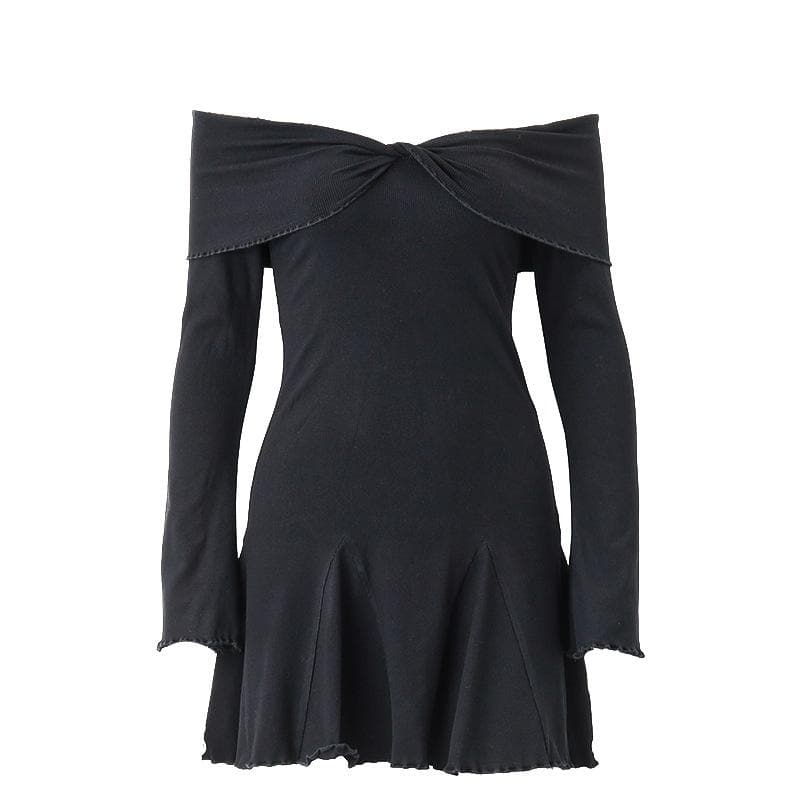 Off Shoulder Twisted Lettuce Edge Ruched Flared Long Sleeve Mini Dress