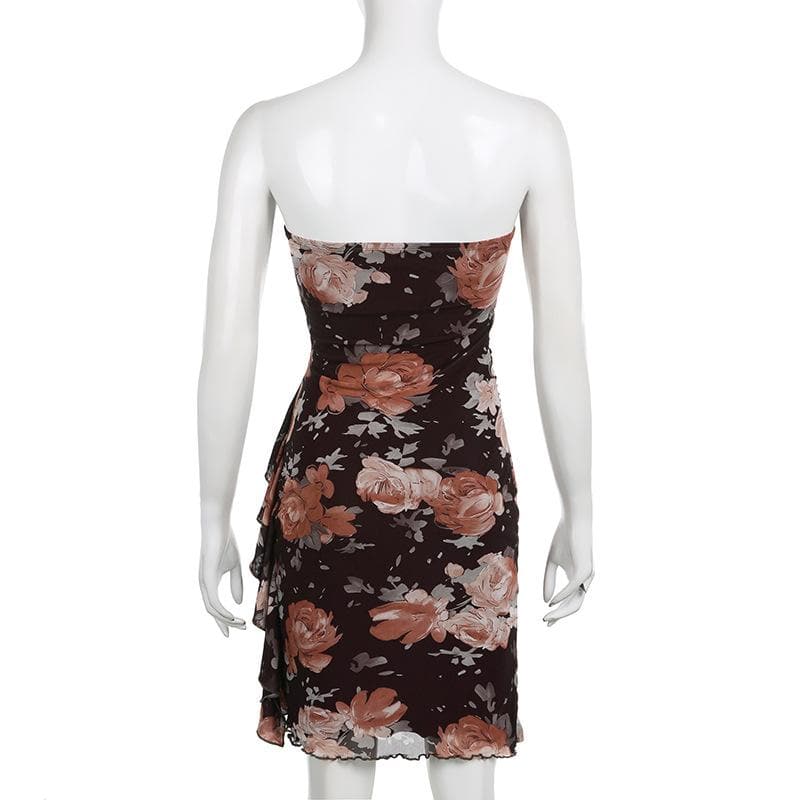 Strapless Floral Print Ruched Mesh Cascade Ruffle Mini Dress 4