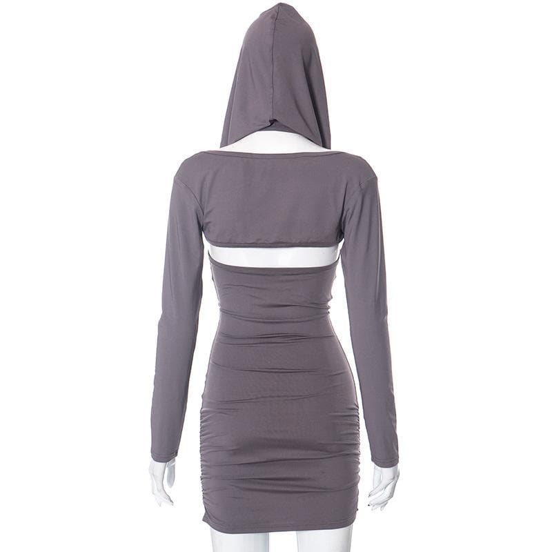 Hooded Cold Shoulder Ruched Long Sleeve Bodycon Mini Dress 5