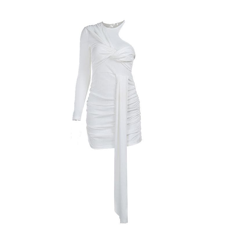 Asymmetrical One Sleeve Twist Front Ruched Hanging Sash Mini Dress