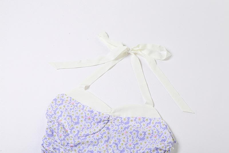 Halter Sweetheart Neck Ruched Ditsy Floral Ruffle Skirt Mini Dress 5