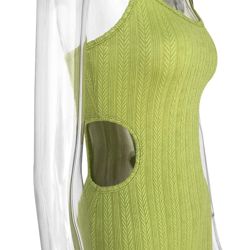 Scoop Neck Spaghetti Strap Textured Rib Knit Waist Cutout Bodycon Midi Dress 3