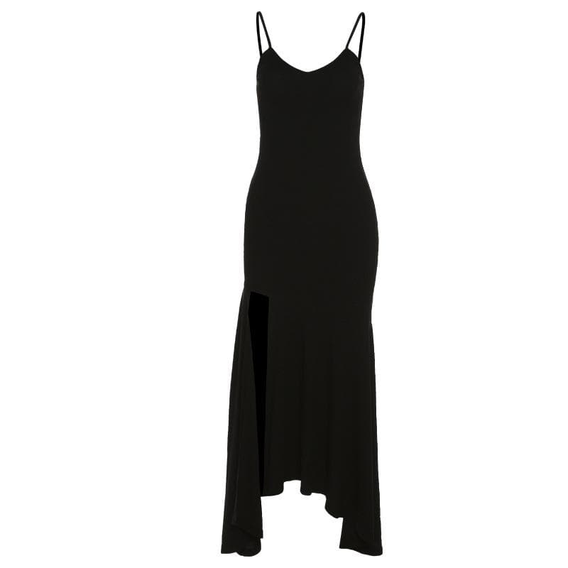 Spaghetti Strap V Neck Ruched Ruffle Hem High Slit Maxi Dress 3