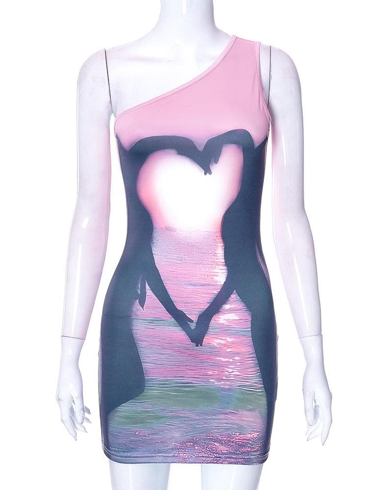 One Shoulder Swan Heart Sunset Graphic Bodycon Mini Dress 8