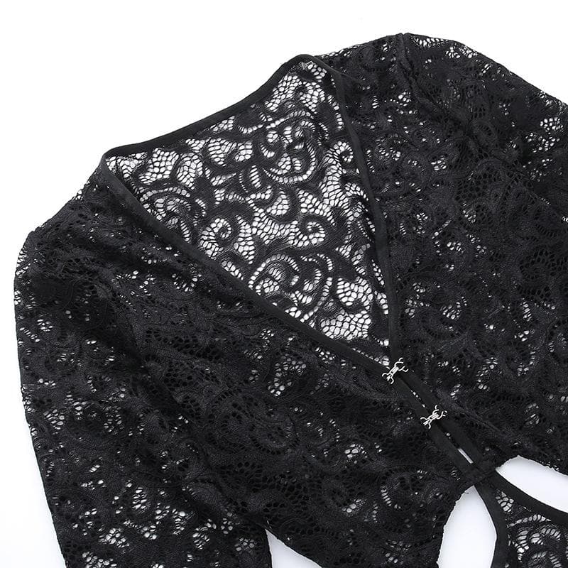 Deep V Neck Lace Long Sleeve Waist Cutout Floor Length Maxi Dress 5