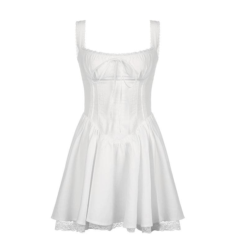 Lace Trim Square Neck Zip Up Ruched Backless Mini Dress