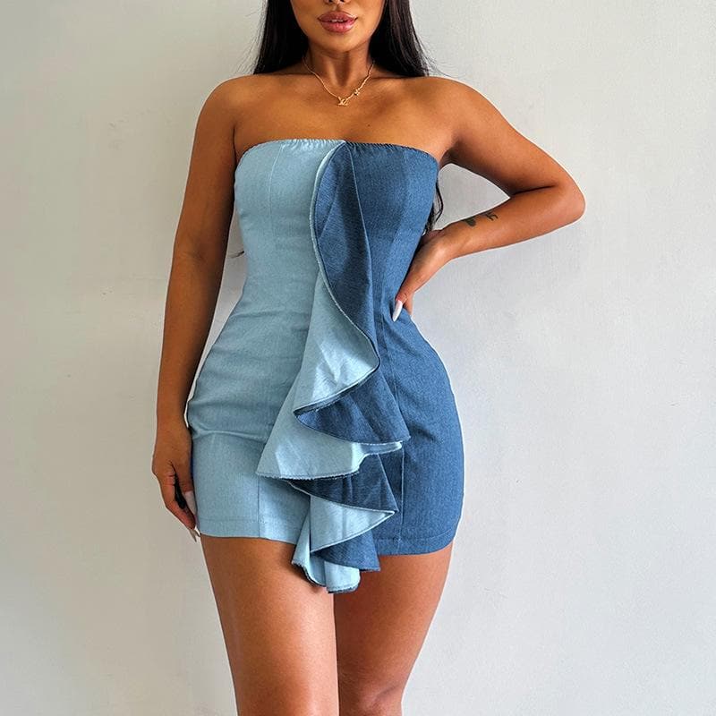 Strapless Two Tone Ruffle Front Denim Patchwork Bodycon Mini Dress