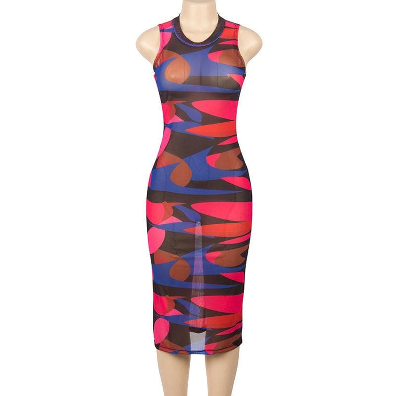 Round Neck Sleeveless Abstract Geometric Print Bodycon Midi Dress 2