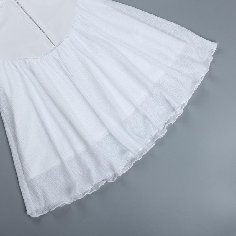 Button Patchwork Chiffon Ruffle Low Cut Mini Dress 7