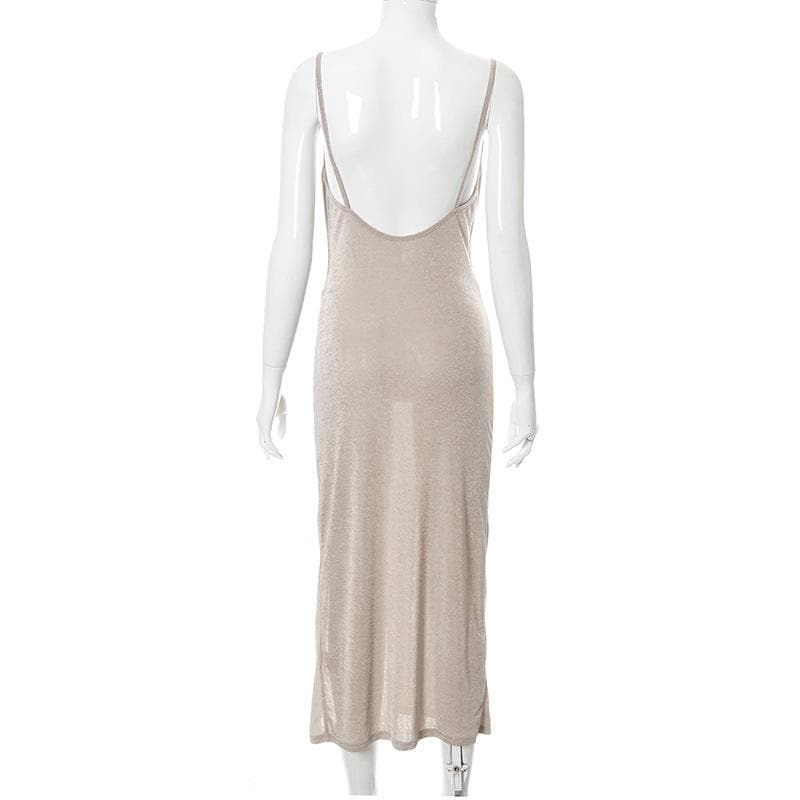 Cowl Neck Spaghetti Strap Ruched Waist High Slit Bodycon Maxi Dress 7