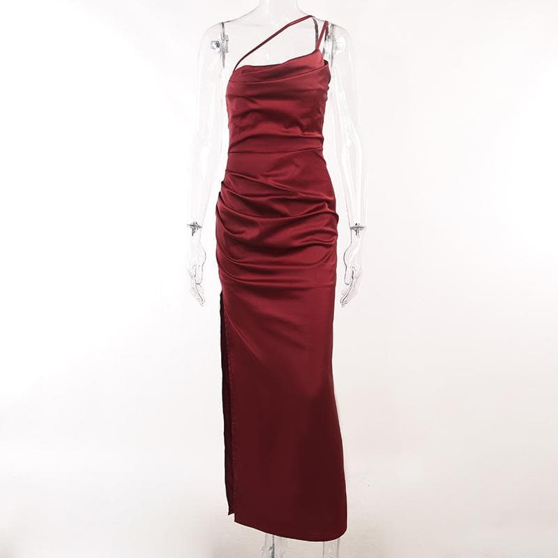 One-Shoulder Double Strap Ruched Satin Side Slit Maxi Gown 2