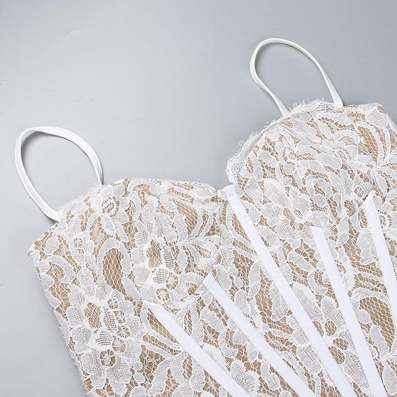 Lace Corset Sweetheart Neck Ruched Ruffle Slit Maxi Dress 4