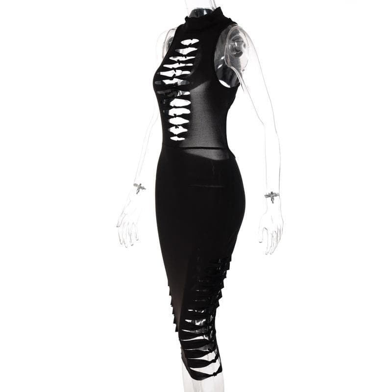 Mock Neck Sleeveless Ladder Tie Front Side Cutout Bodycon Midi Dress 5