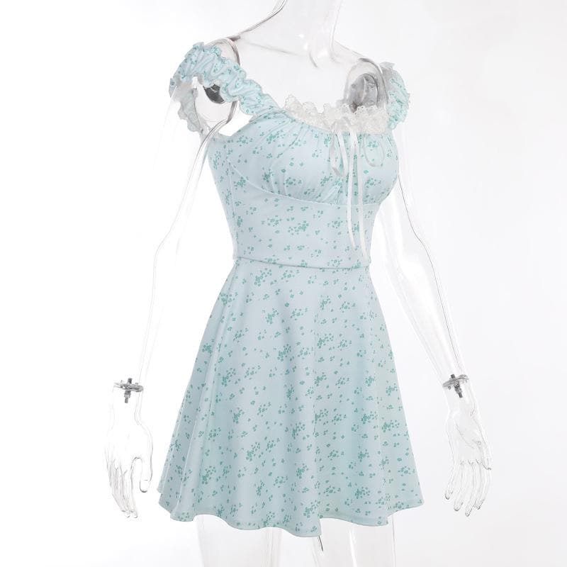 Square Neck Lace Trim Ribbon Bow Ruffle Strap Ditsy Floral Mini Dress 3