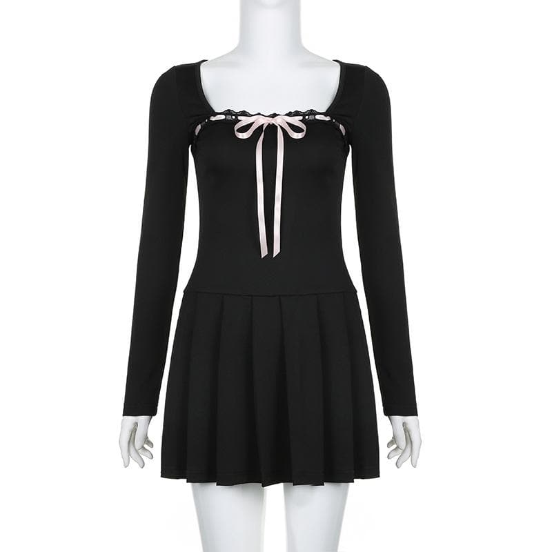 Square Neck Lace Trim Ribbon Bow Pleated Skirt Long Sleeve Mini Dress 9