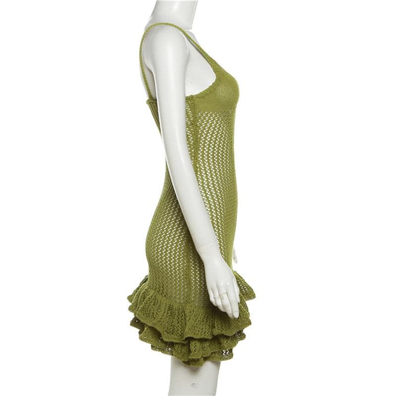 Spaghetti Strap V-Neck Crochet Pointelle Ruffle Lettuce Hem Mini Dress 4