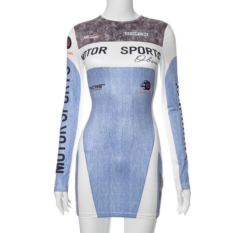 Motorsport Print Long Sleeve Crew Neck Patchwork Bodycon Mini Dress 8