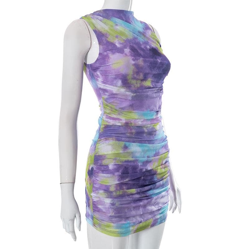 Crewneck Sleeveless Ruched Abstract Tie Dye Mesh Mini Dress 8