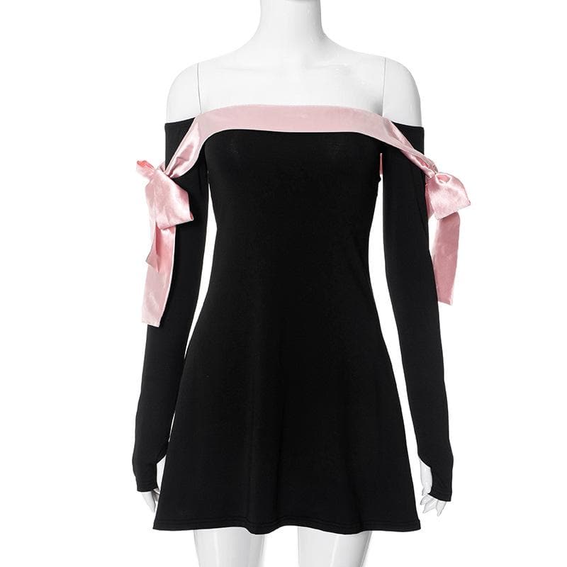 Off Shoulder Satin Ribbon Bow Thumbhole Long Sleeve Mini Dress 3