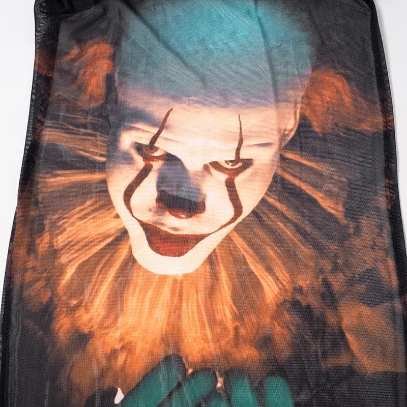 Pennywise Clown Graphic Print Sheer Mesh Long Sleeve Crew Neck Maxi Dress 6