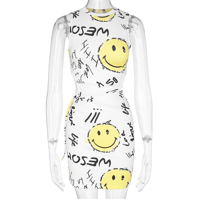 Smiley Face Graphic Print Hollow Out Sleeveless Mini Dress
