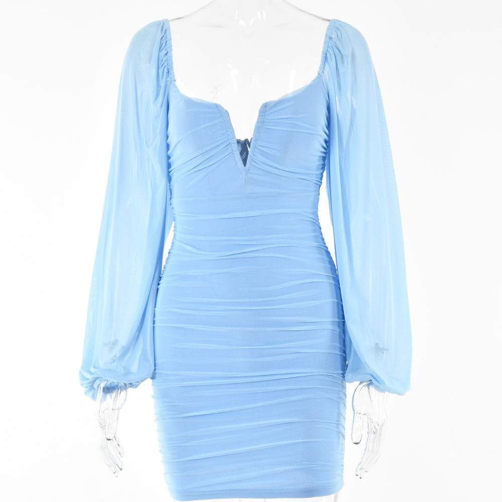 Strapless V-Notch Off Shoulder Puff Sleeve Ruched Mesh Mini Dress 7