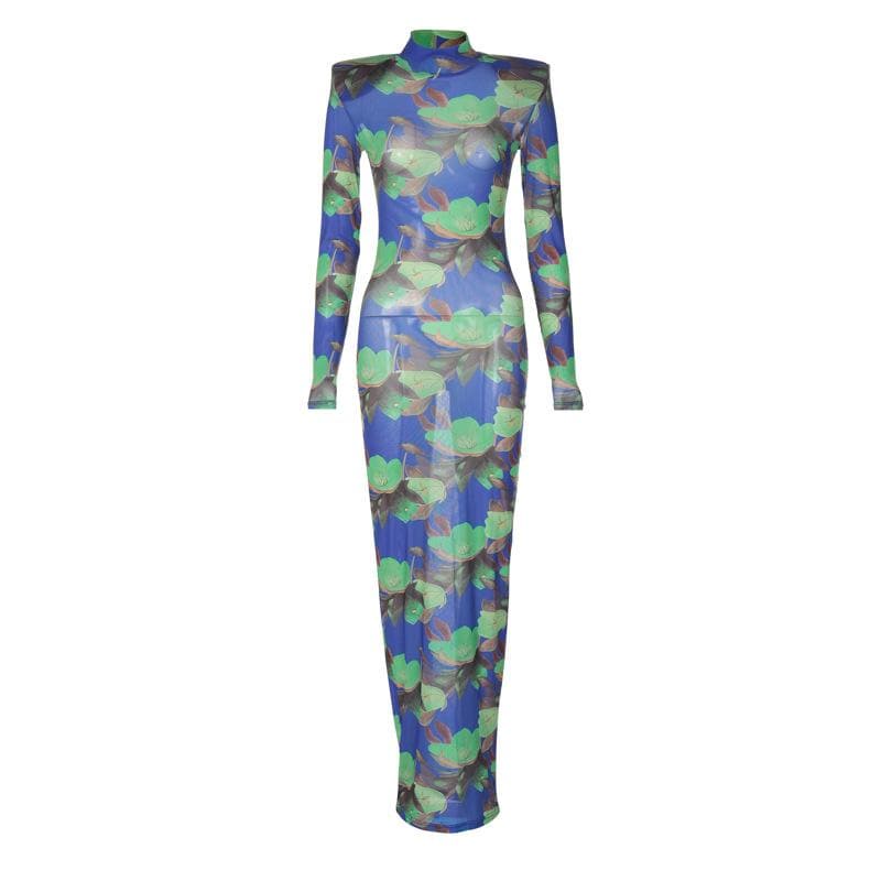 Floral Print Sheer Mesh Padded Shoulder Mock Neck Maxi Dress