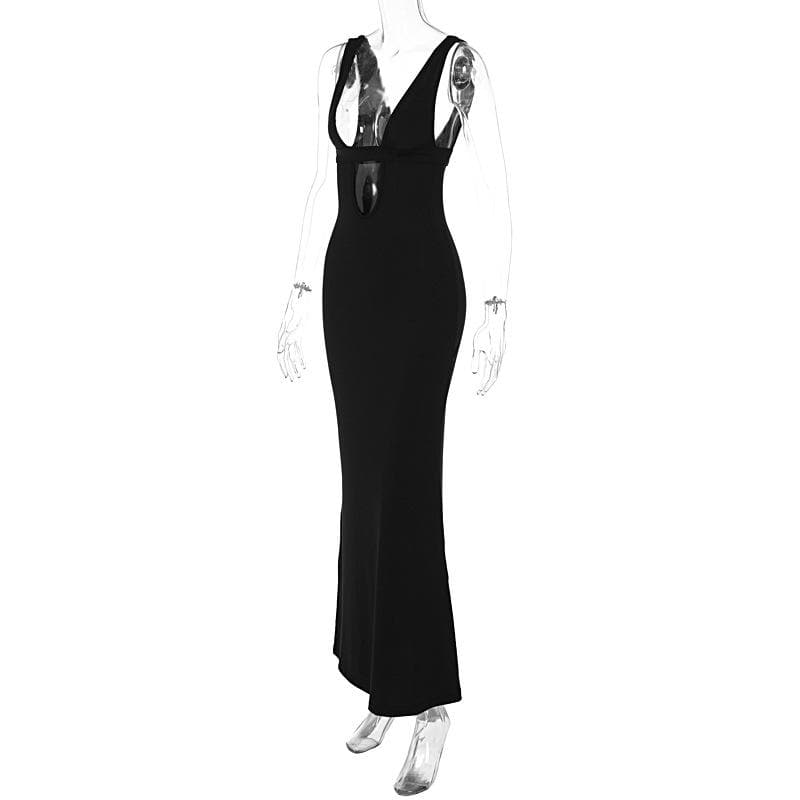 Wide Strap Deep Plunge Oval Cutout Bodycon Column Maxi Dress 3