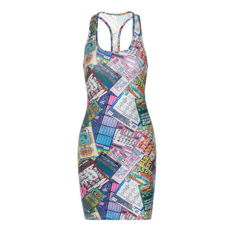 Lottery Ticket Print Scoop Neck Sleeveless Bodycon Mini Dress 2
