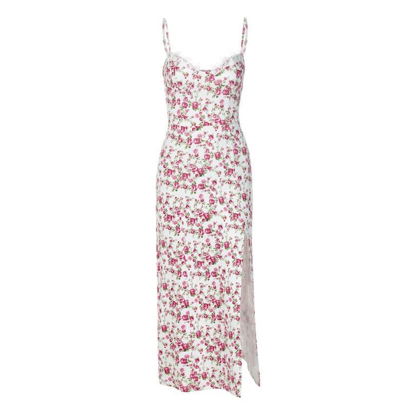 Sweetheart Neck Lace Trim Floral Print Side Slit Bodycon Midi Dress 9