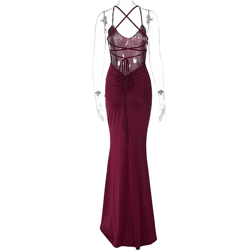 Deep V-Neck Cross Back Spaghetti Strap Bodycon Maxi Dress 3