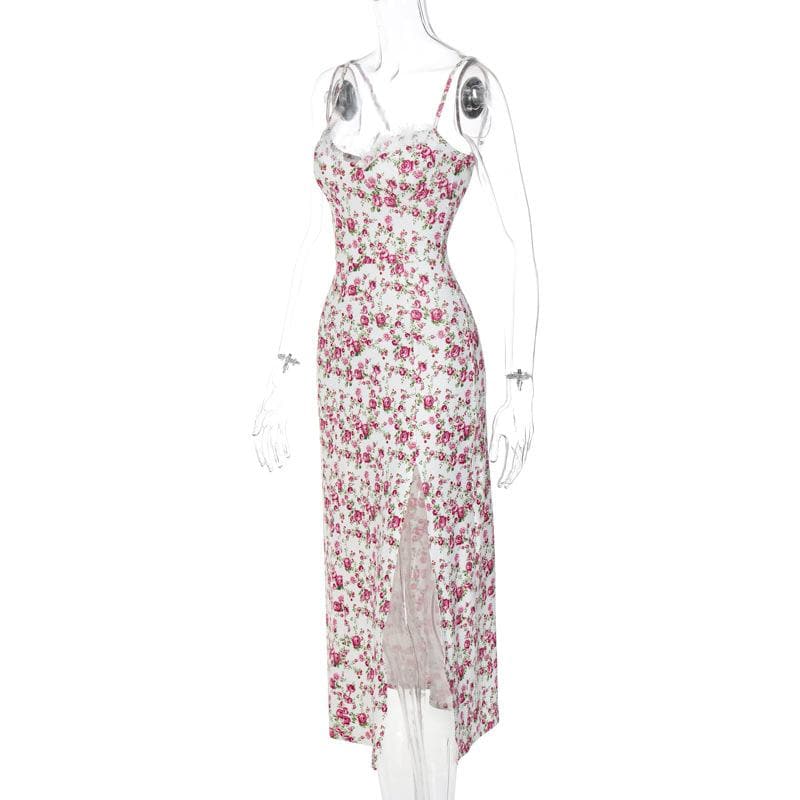 Sweetheart Neck Lace Trim Floral Print Side Slit Bodycon Midi Dress 4