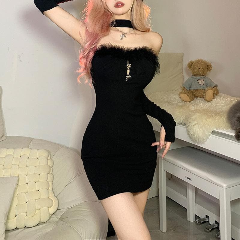 Strapless Faux Fur Trim Heart Hardware Keyhole Rib Knit Mini Dress 7