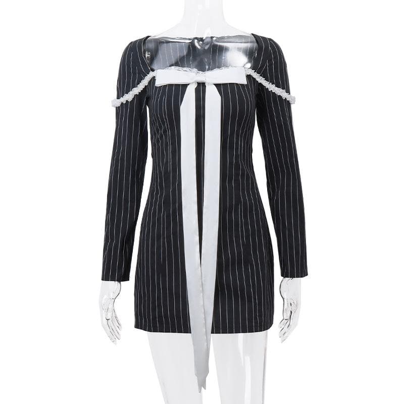 Square Neck Pinstripe Lace Trim Oversized Bow Long Sleeve Mini Dress 9