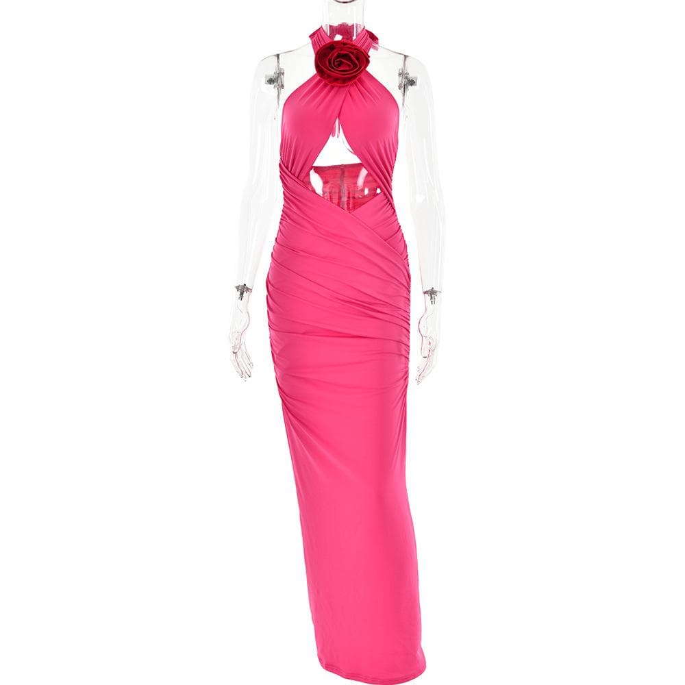 Halter Neck Flower Applique Cutout Cross Front Contrast Ruched Maxi Dress 4
