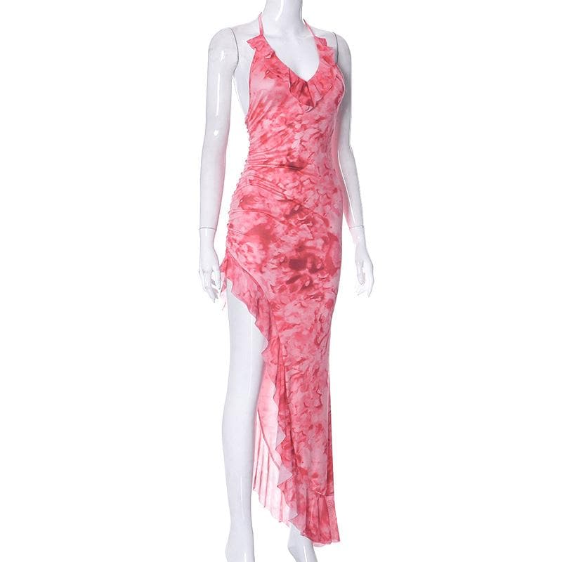 Halter Neck Ruched Watercolor Print Ruffle Trim Side Slit Maxi Dress 3