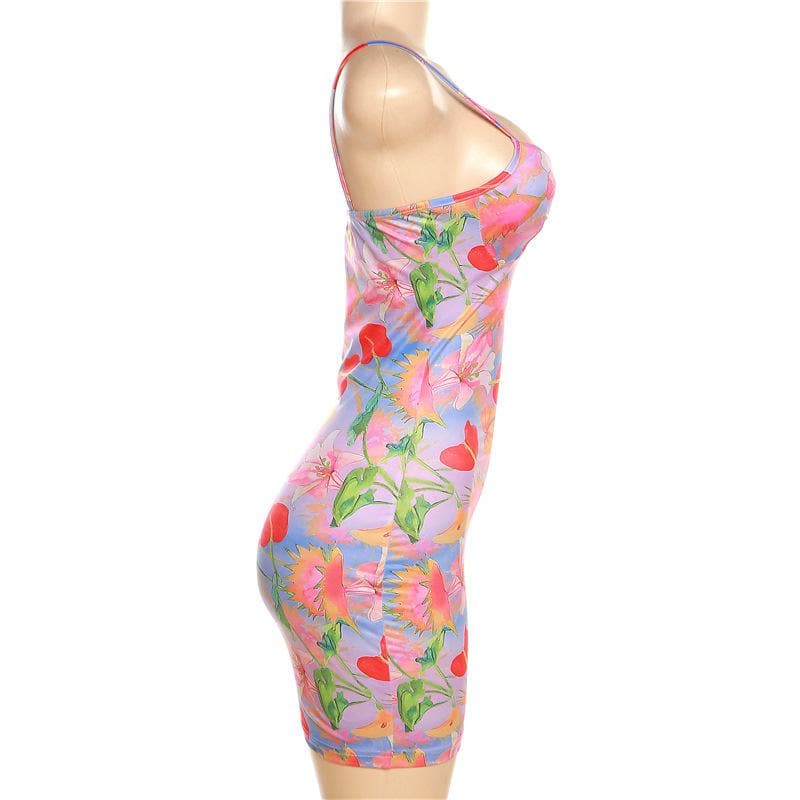 Sweetheart Neck Spaghetti Strap Floral Print Bodycon Mini Dress 3