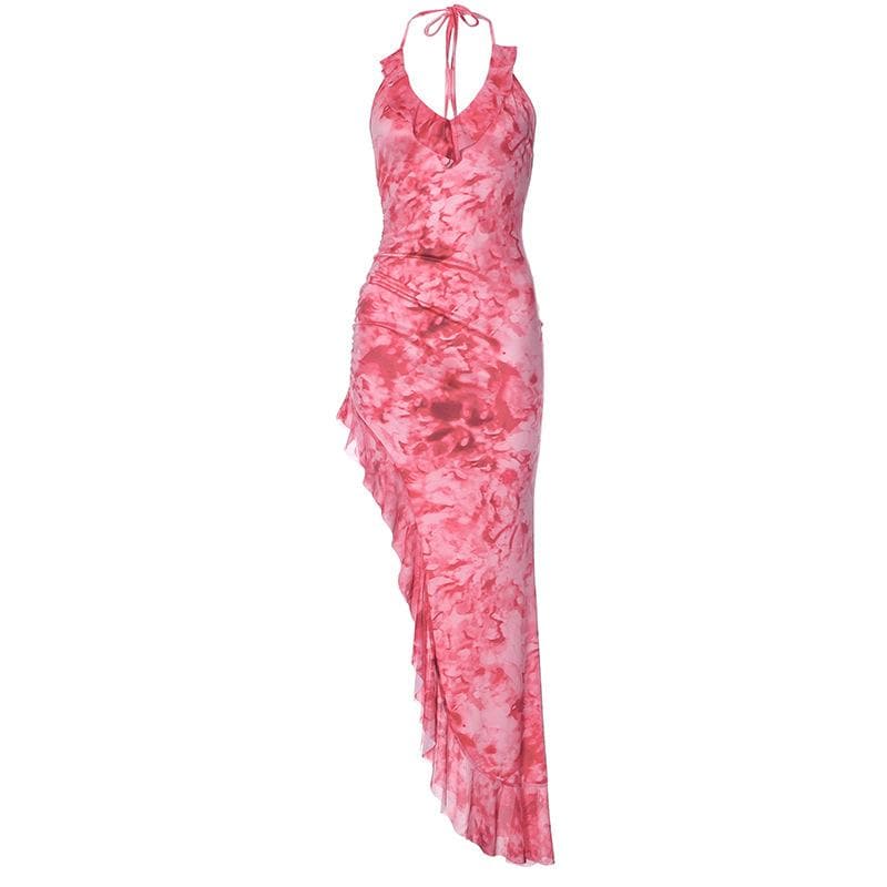 Halter Neck Ruched Watercolor Print Ruffle Trim Side Slit Maxi Dress 2