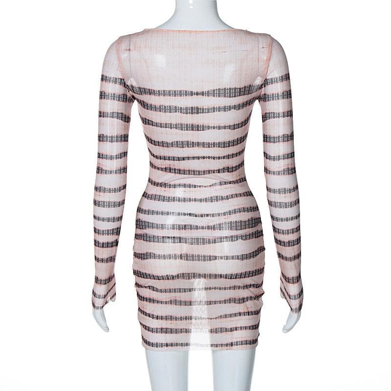 Striped Sheer Mesh Crew Neck Long Sleeve Bodycon Mini Dress 3