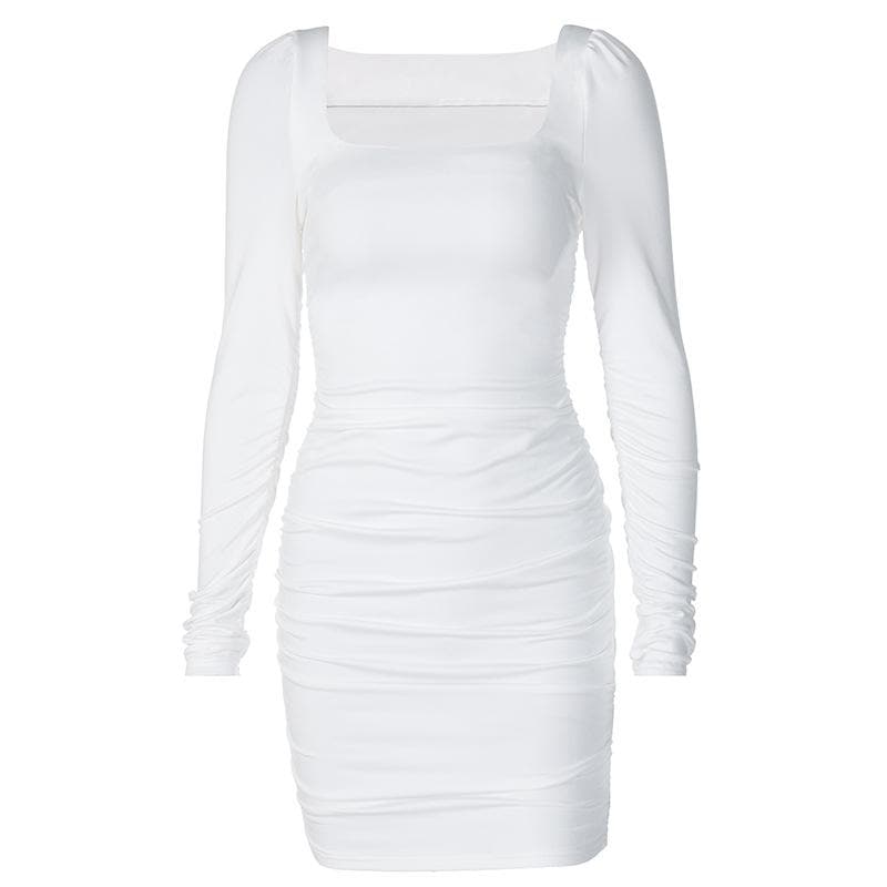 Square Neck Puff Sleeve Ruched Bodycon Mini Dress