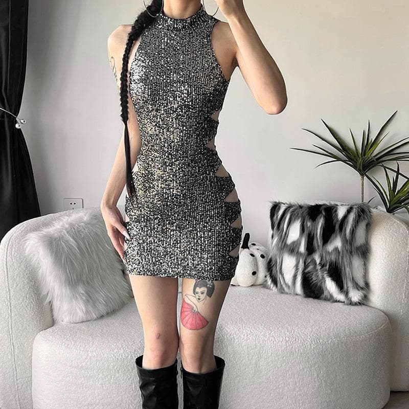 Sequin Mock Neck Hollow Out Side Cutout Sleeveless Mini Dress