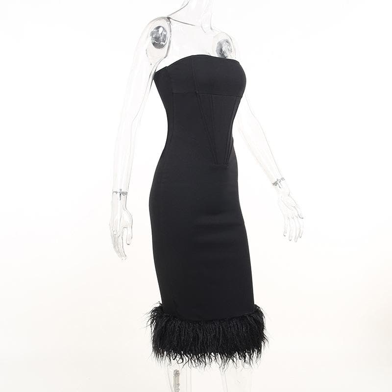Strapless Glitter Knit Feather Trim Tube Midi Dress 3