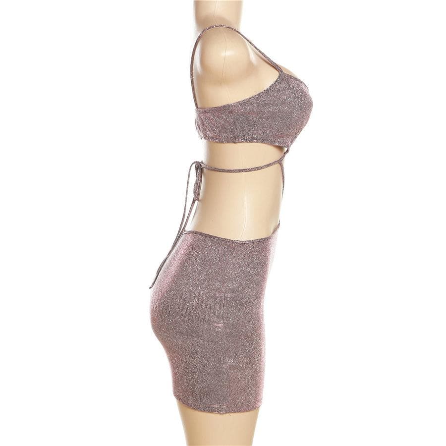 Glitter Criss Cross Strap Waist Cutout Bodycon Mini Dress 3