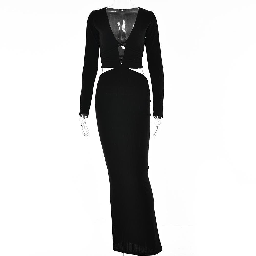 Ribbed Long Sleeve Deep V Neck Waist Cutout Lace Up Maxi Dress